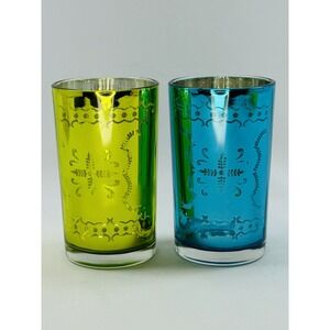 Set of 2 Moroccan Style Glass Tumblers Teal Green Embossed Design